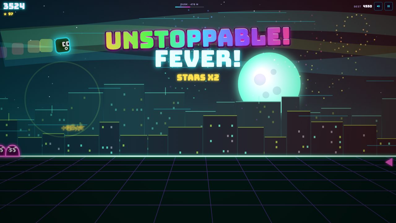 Lumi Hop gameplay: the runner in FEVER mode over a neon city at night